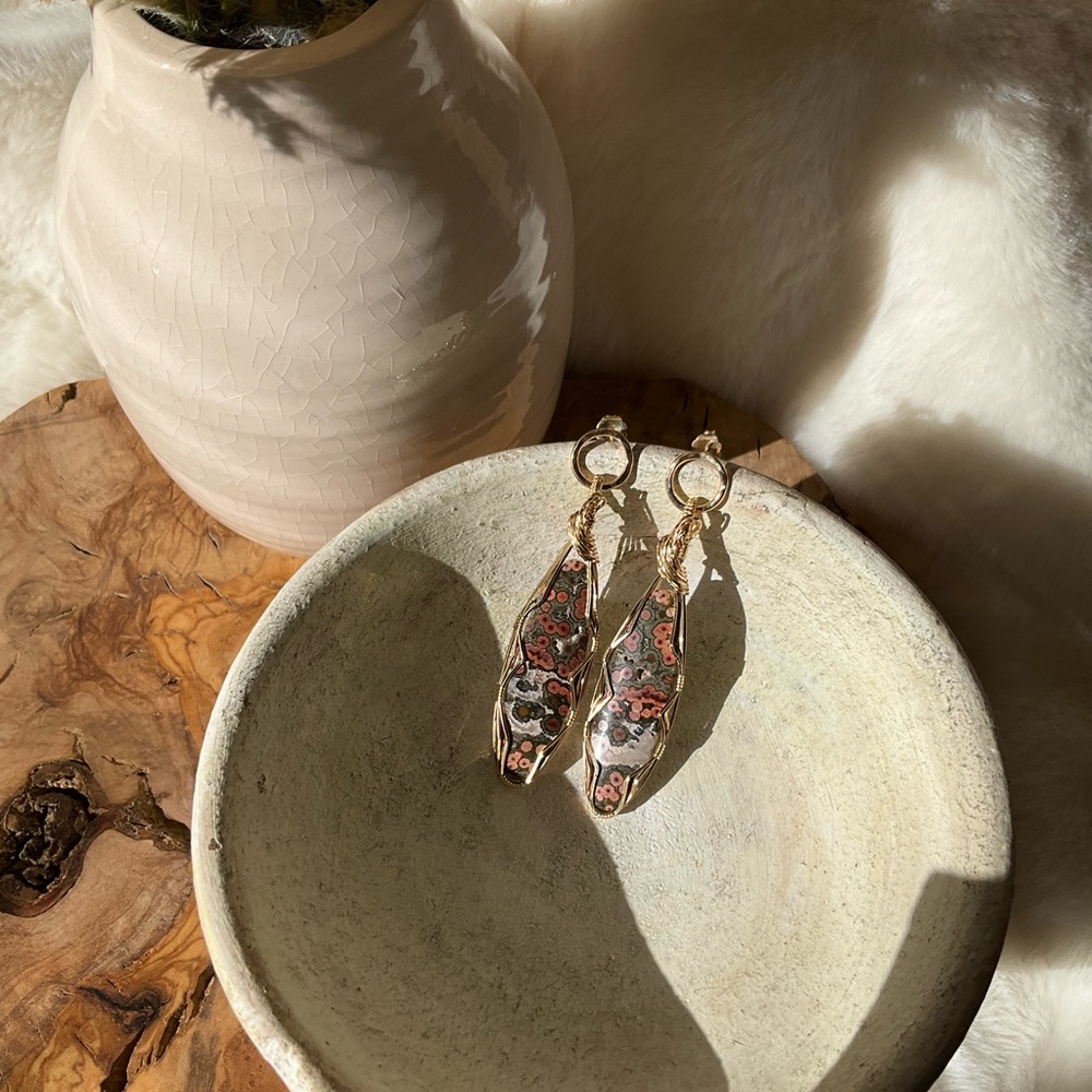 SOLD - 14k Gold Filled Madagascar Ocean Jasper Healing Stone Earrings - Picture 7 of 14
